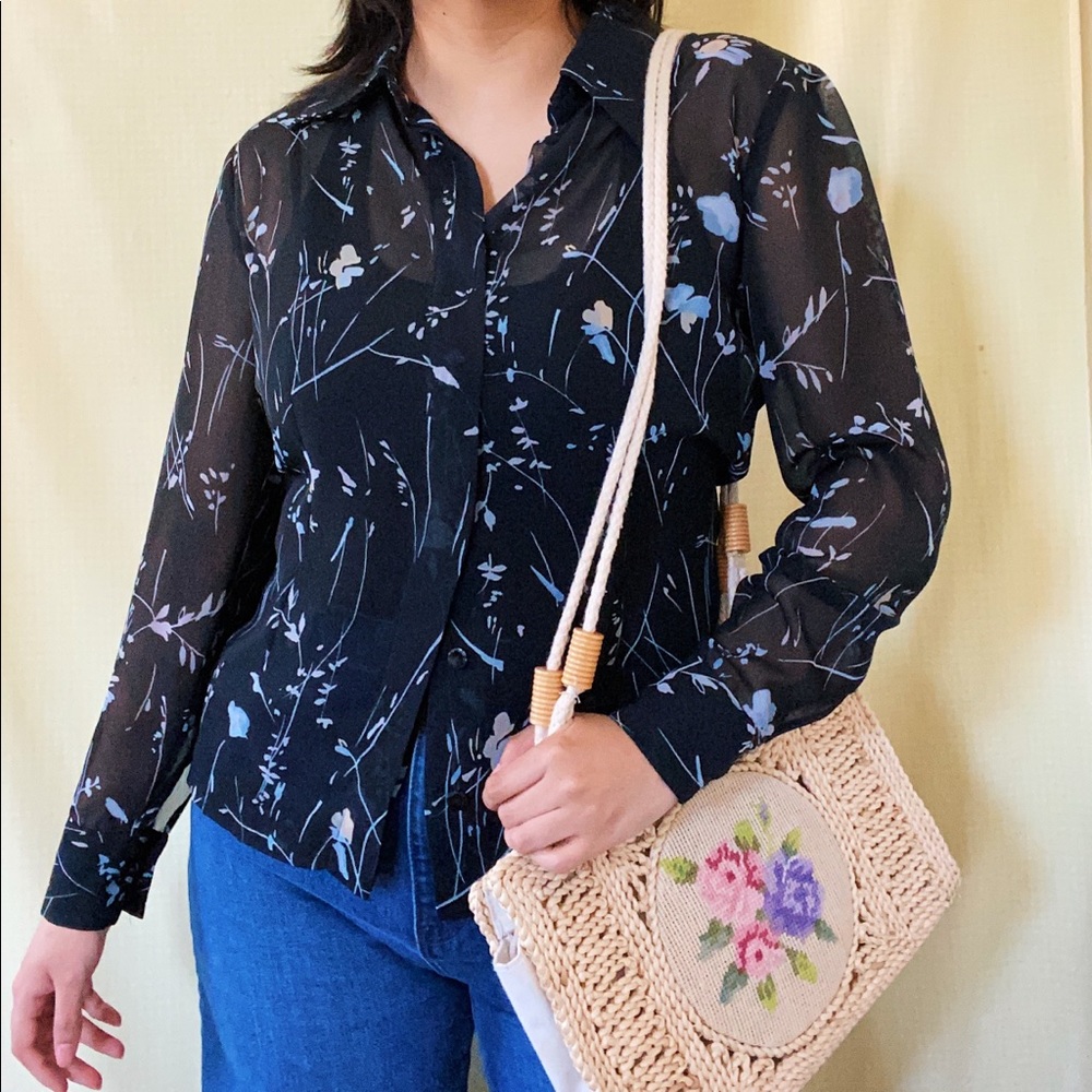 SOLD Vintage Black Sheer Floral Button Up Top Blouse